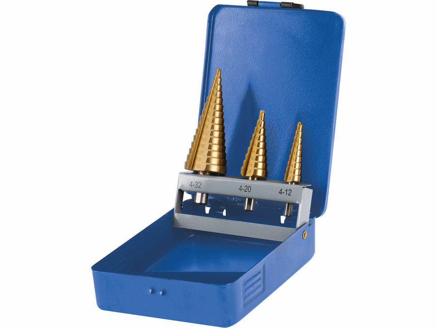 Lépcsős fémfúró klt. 3db; (4-12mm/1mm lépcsők,4-20mm/2mm,4-32mm/2mm) 