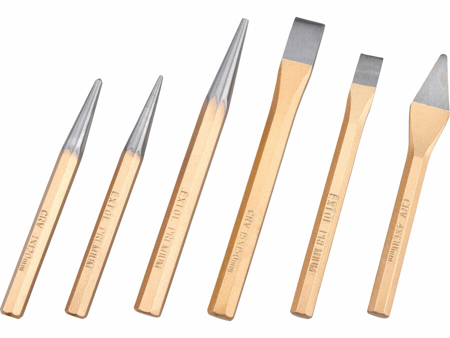 Lyukasztó, pontozó és véső klt. 6db CrV. HRC 52-58 