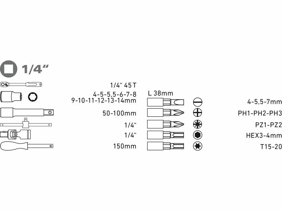 Dugókulcsok, 30db-os készlet, 1/4“, CrV – galéria