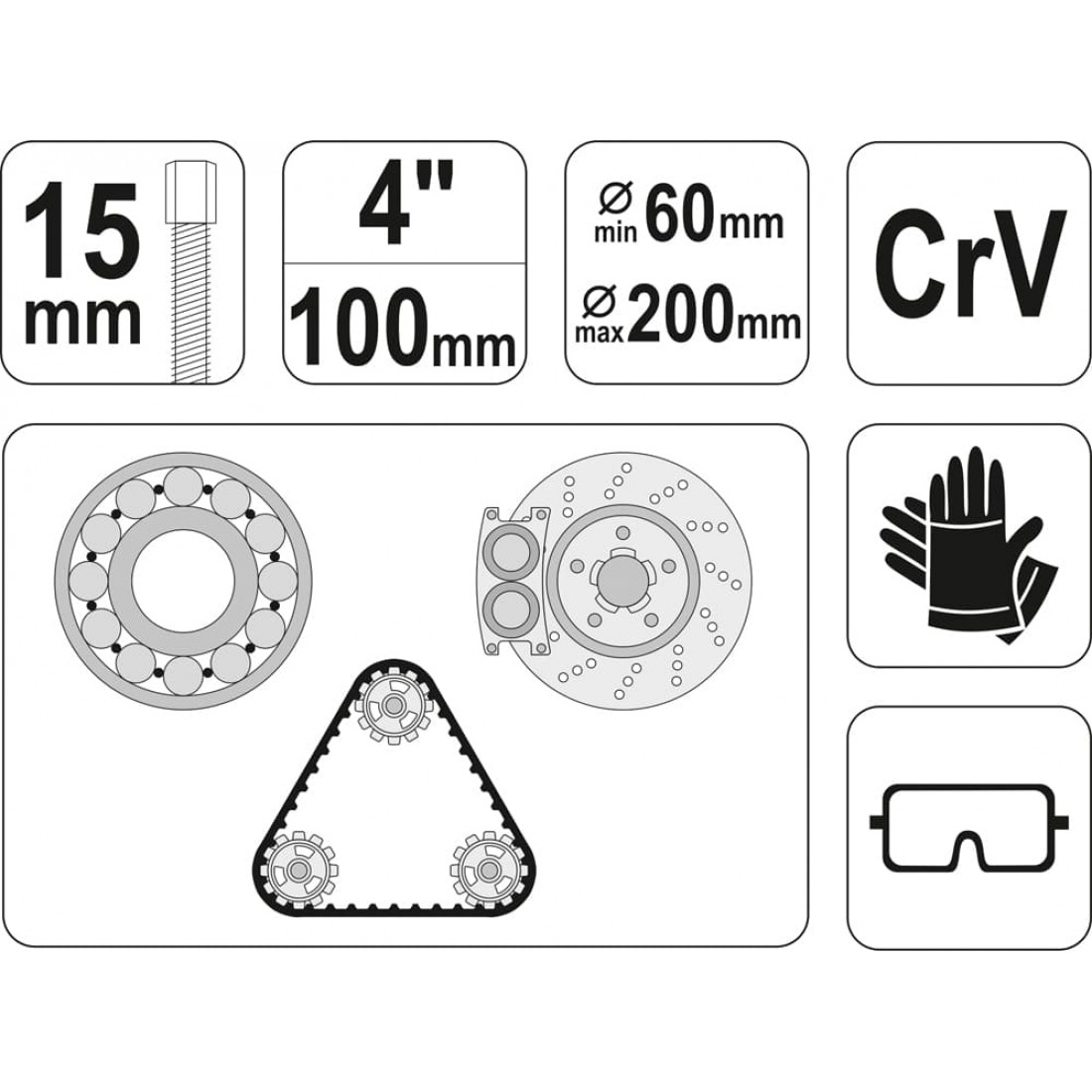 YATO Csapágylehúzó 3 körmös, 4"/100 mm (60-200 mm) – galéria