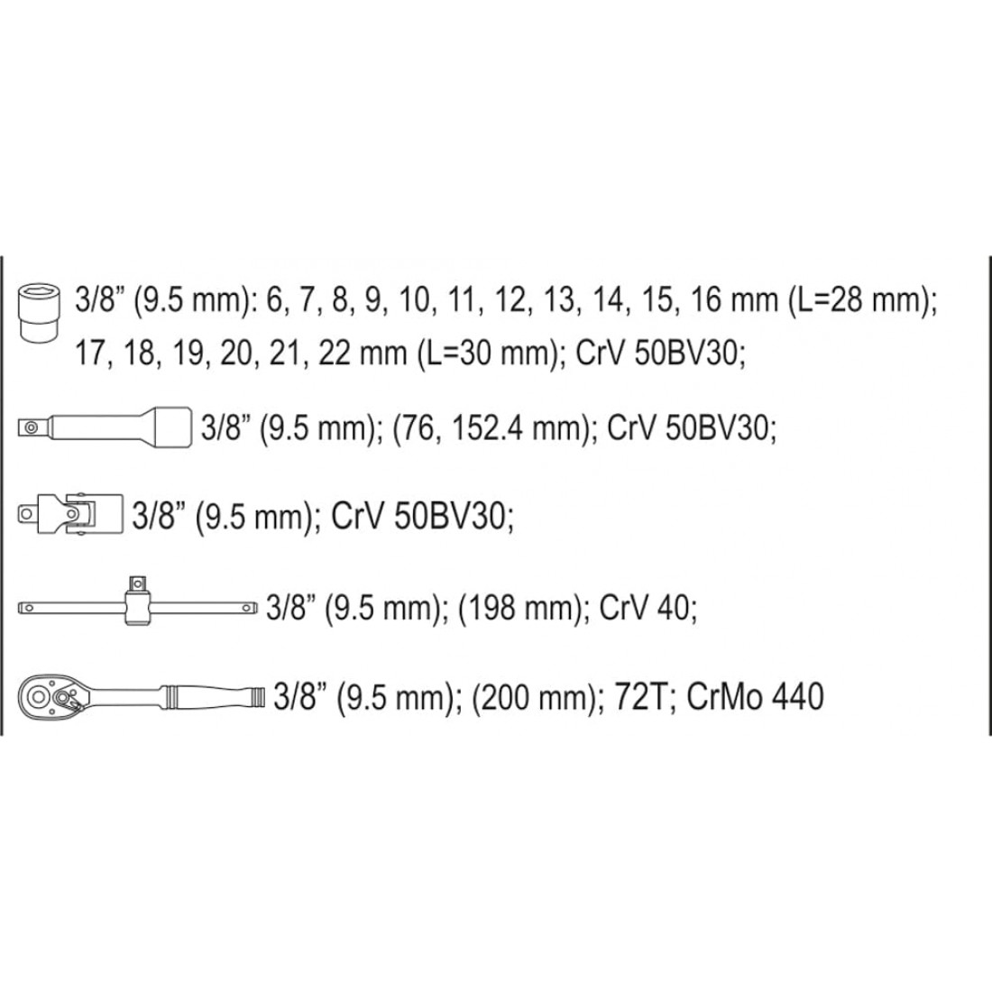YATO Dugókulcs készlet 22 részes 3/8": 6-22 mm – galéria